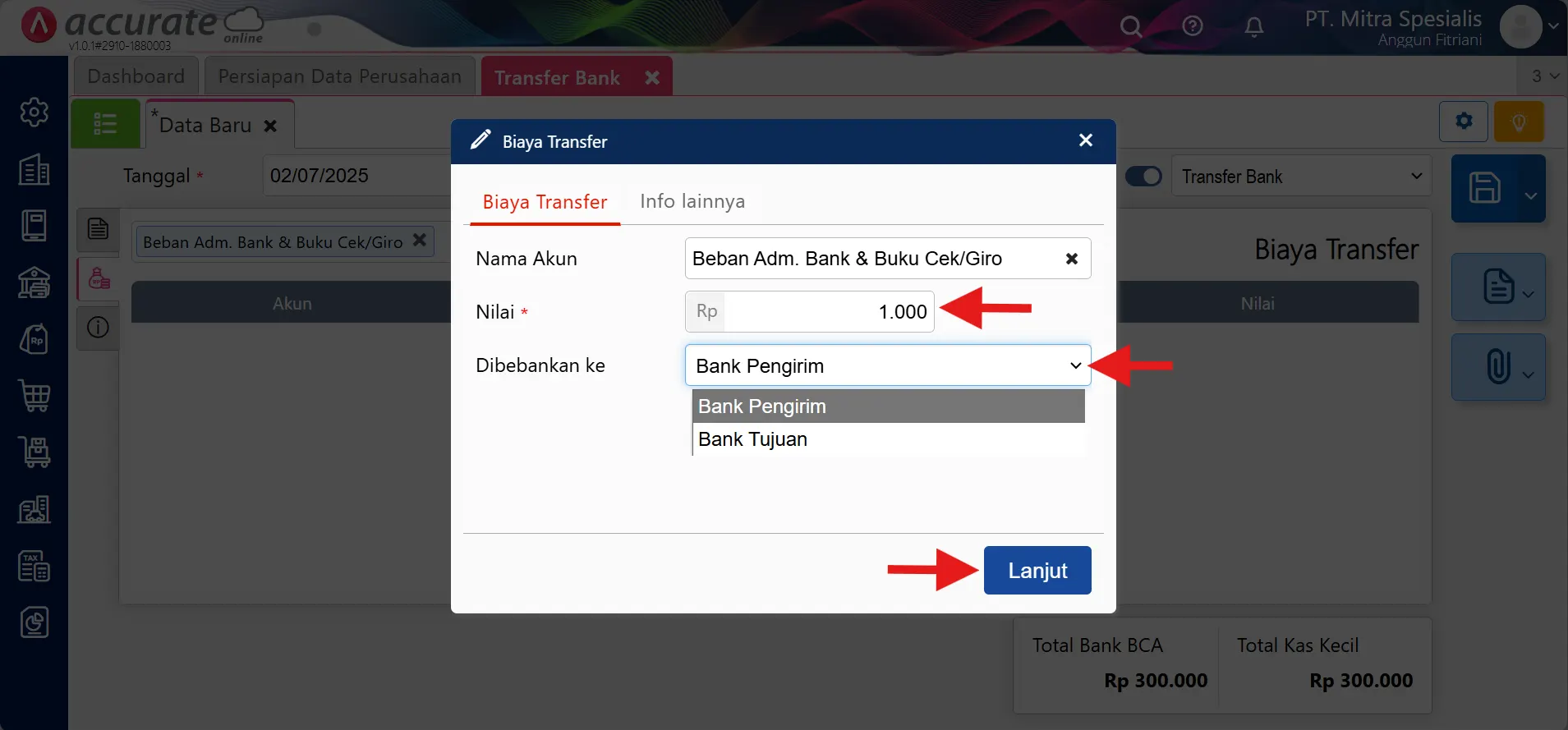 menampilkan biaya transfer antar bank